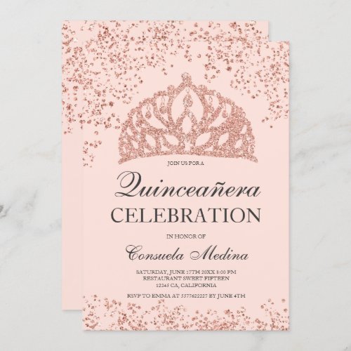 Rose gold glitter blush crown tiara Quinceaera Invitation