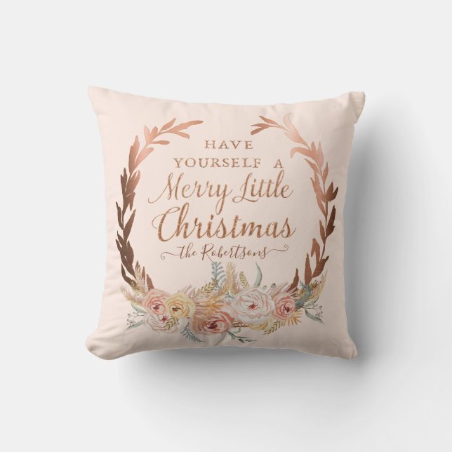 Rose Gold Glitter Blush Floral Wreath Christmas Throw Pillow (Front)