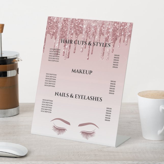 Rose Gold Glitter Blush Hair Makeup Salon Price Pe Pedestal Sign (In SItu)