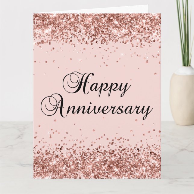 Rose Gold Glitter Blush Happy Anniversary Card (Front)