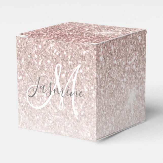 Rose Gold Glitter Blush Initial Bridal Shower Favor Boxes (Front Side)
