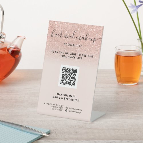 Rose gold glitter blush makeup digital QR price Pedestal Sign