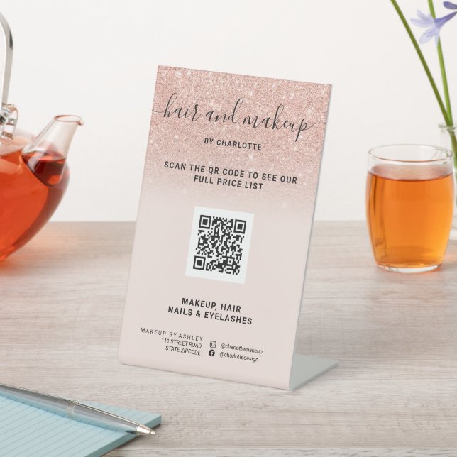 Rose gold glitter blush makeup digital QR price Pedestal Sign (In SItu)