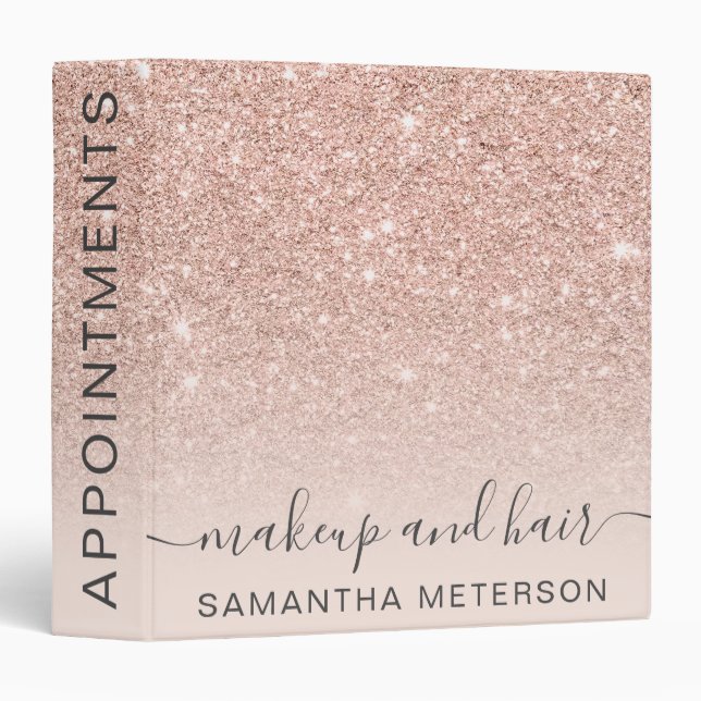 Rose gold glitter blush makeup hair appointments 3 ring binder (Front/Spine)
