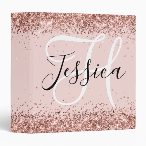 Rose Gold Glitter Blush Monogram 3 Ring Binder