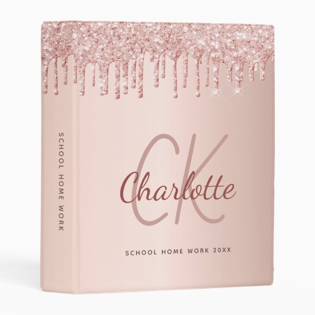 Rose gold glitter blush monogram initials mini binder (Front/Spine)