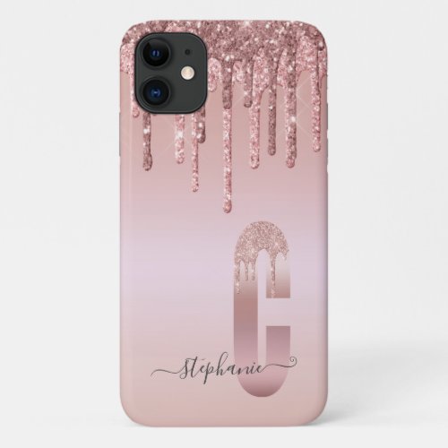 Rose Gold Glitter Blush Monogram Letter C iPhone 11 Case