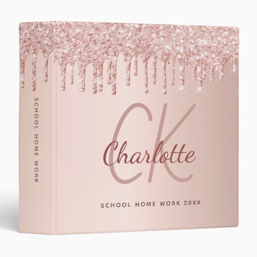 Rose gold glitter blush monogram school 3 ring binder