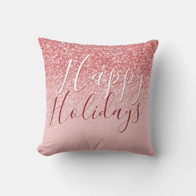 Rose Gold Glitter Blush Ombre Happy Holidays Throw Pillow (Front)