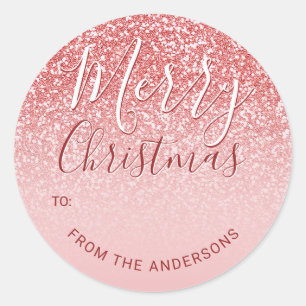 Rose Gold Glitter Blush Ombre Merry Christmas Gift Classic Round Sticker