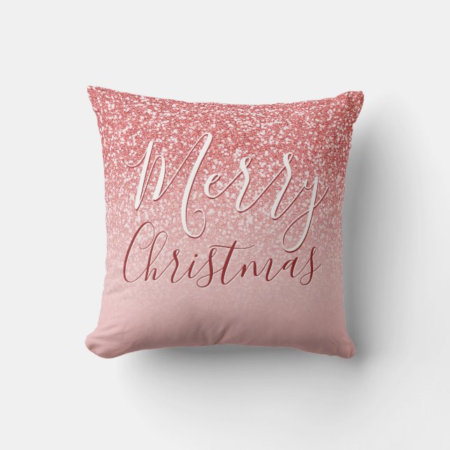 Rose Gold Glitter Blush Ombre Merry Christmas Throw Pillow (Front)