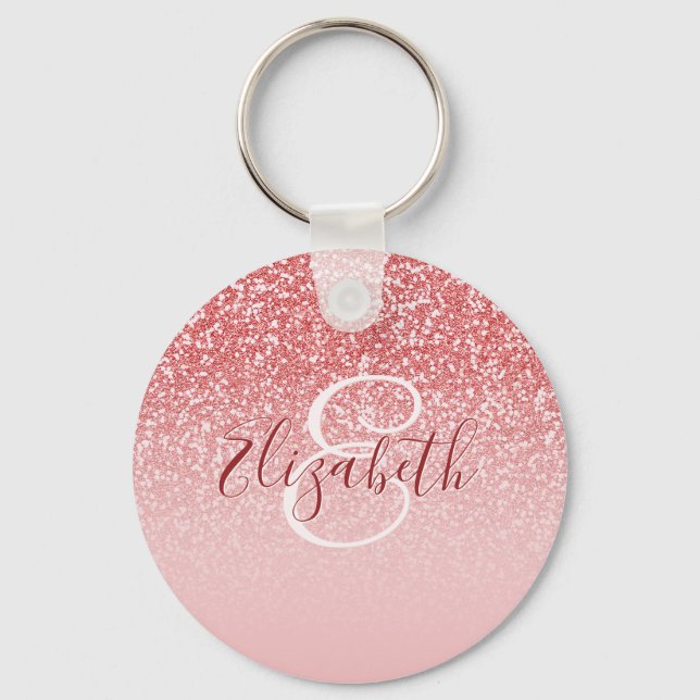 Rose Gold Glitter Blush Ombre Monogram Keychain (Front)