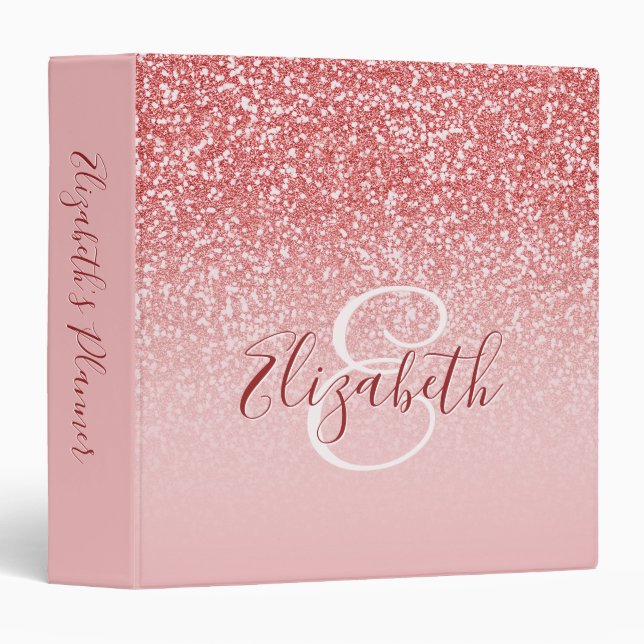 Rose Gold Glitter Blush Ombre Monogram Name 3 Ring Binder (Front/Spine)