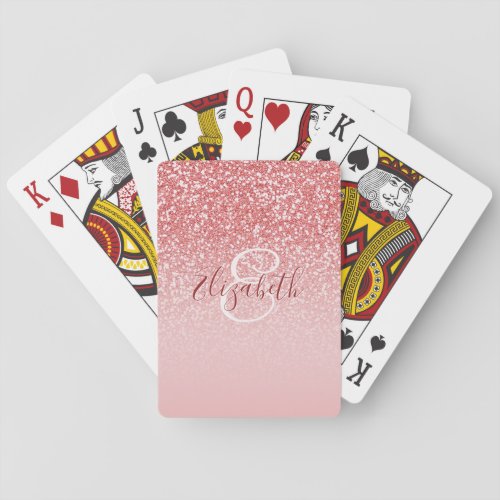 Rose Gold Glitter Blush Ombre Monogram Name Poker Cards