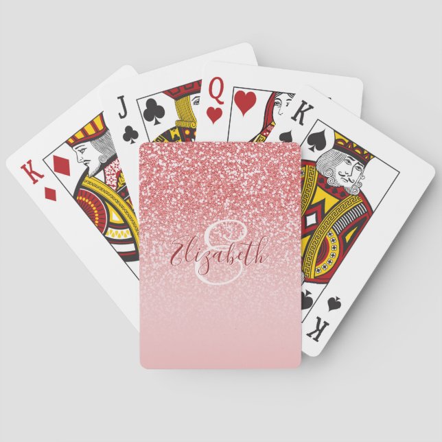 Rose Gold Glitter Blush Ombre Monogram Name Poker Cards (Back)