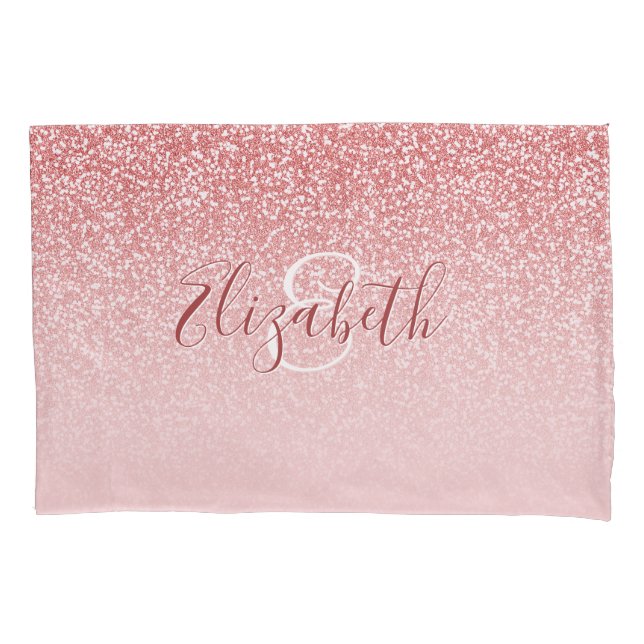 Rose Gold Glitter Blush Ombre Monogram Pillow Case (Front)