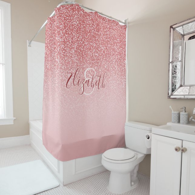 Rose Gold Glitter Blush Ombre Monogram Shower Curtain (In Situ)