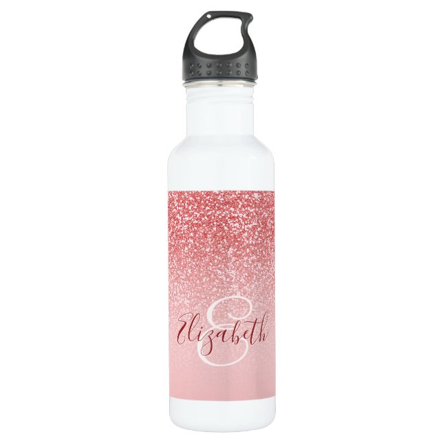 Rose Gold Glitter Blush Ombre Monogram Stainless Steel Water Bottle (Front)