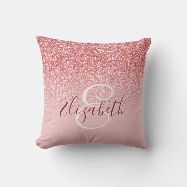 Rose Gold Glitter Blush Ombre Monogram Throw Pillow (Front)