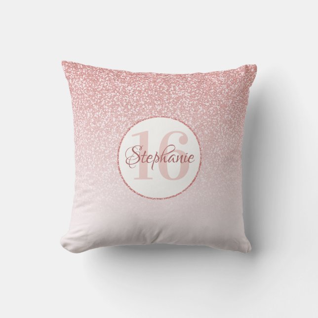 Rose Gold Glitter Blush Ombre Sweet 16 Birthday Throw Pillow (Front)