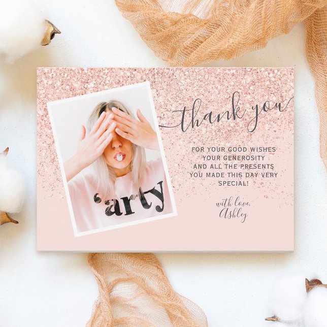 Rose gold glitter blush photo thank you Sweet 16 Card (Creator Uploaded)