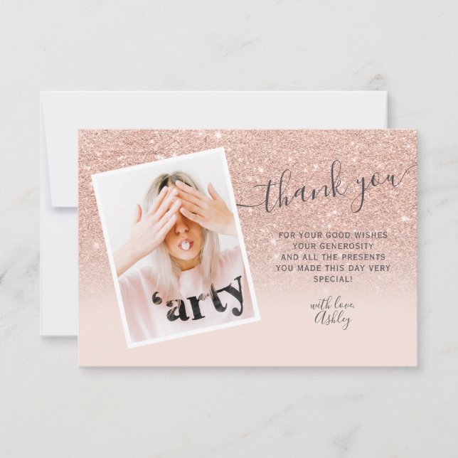 Rose gold glitter blush photo thank you Sweet 16 Card (Front)