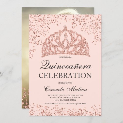Rose gold glitter blush photo tiara Quinceaera Invitation
