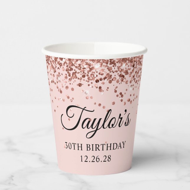 Rose Gold Glitter Blush Pink 30th Birthday Paper Cups (Left)