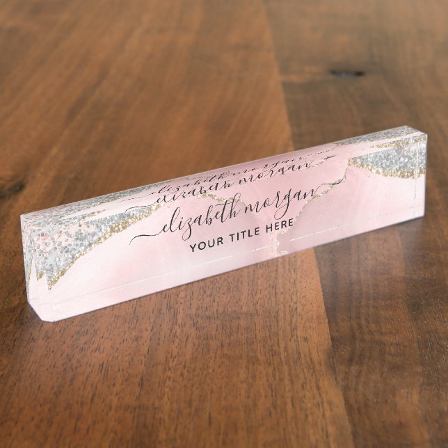 Rose Gold Glitter Blush Pink Agate Marble Geode  Desk Name Plate (Side)