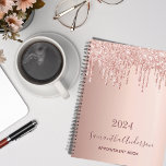 Rose gold glitter blush pink appointment book 2025 planner<br><div class="desc">A rose gold background with elegant rose gold and pink faux glitter drips, paint dripping look. Template for a year. Personalize and add a name and a title. The name is written in dark rose gold with a modern hand lettered style script. Perfect for business, school, work, diary or organizing...</div>