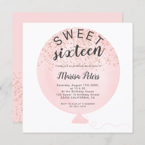 Rose gold glitter blush pink balloon sweet 16 invitation