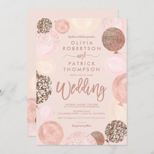 Rose gold glitter blush pink balloons wedding invitation