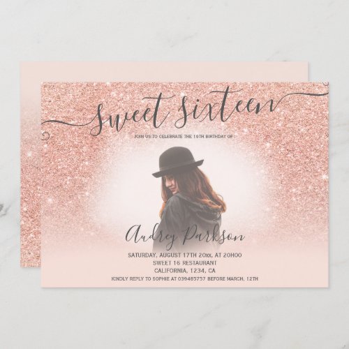 Rose gold glitter blush pink chic Sweet 16 photo Invitation