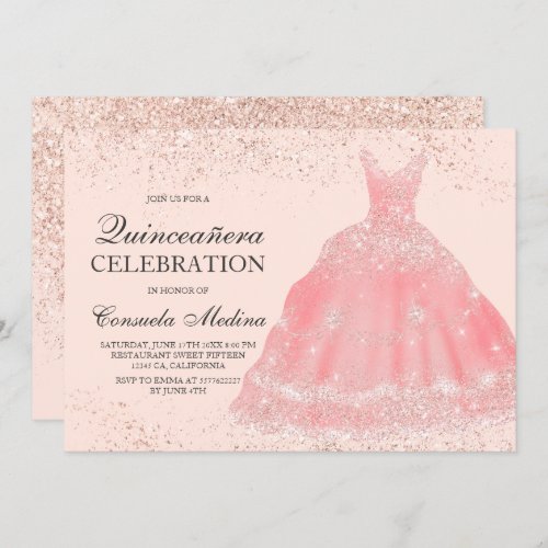 Rose gold glitter blush pink dress Quinceaera Invitation