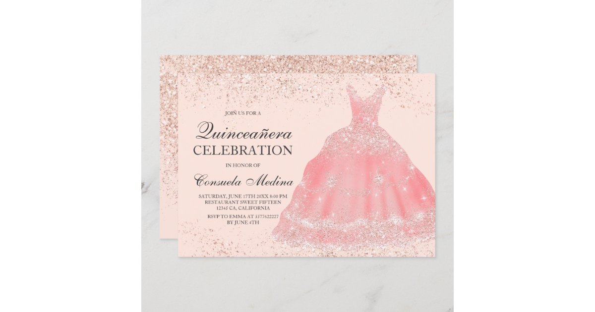 Rose gold glitter blush pink dress Quinceañera Invitation | Zazzle