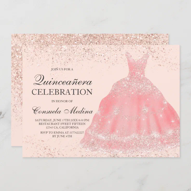 Rose gold glitter blush pink dress Quinceañera Invitation | Zazzle