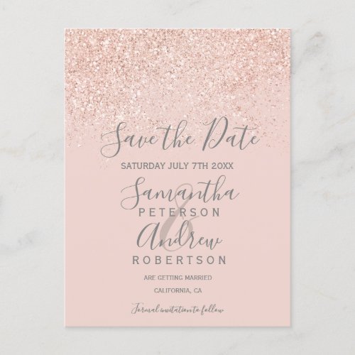 Rose gold glitter blush pink elegant save the date announcement postcard