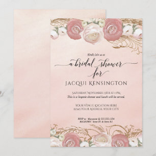 Rose Gold Glitter Blush Pink Floral Bridal Shower Invitation