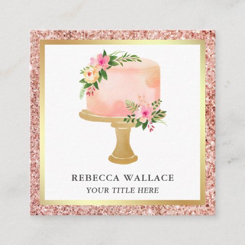 Rose Gold Glitter Blush Pink Floral Cake Bakery Square Business Card