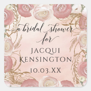 Rose Gold Glitter Blush Pink Floral Elegant Bridal Square Sticker