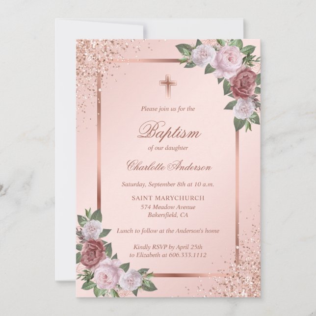Rose Gold Glitter Blush Pink Floral Girl Baptism Invitation (Front)