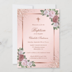 Rose Gold Glitter Blush Pink Floral Girl Baptism Invitation