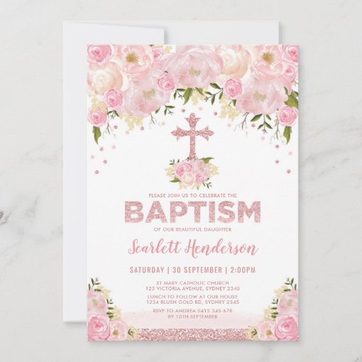 Rose Gold Glitter Blush Pink Floral Girl Baptism Invitation | Zazzle