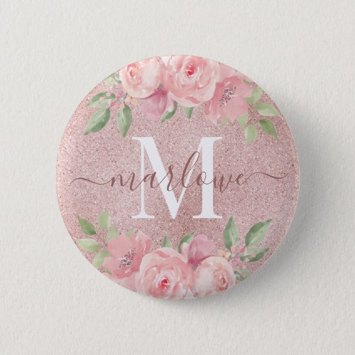 Rose Gold Glitter Blush Pink Floral Monogram Button