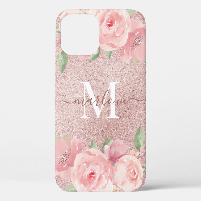 Rose Gold Glitter Blush Pink Floral Monogram Case-Mate iPhone Case (Back)