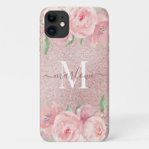 Rose Gold Glitter Blush Pink Floral Monogram iPhone 11 Case