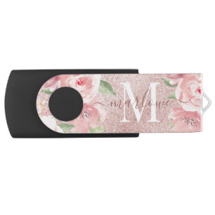 Rose Gold Glitter Blush Pink Floral Monogram Flash Drive