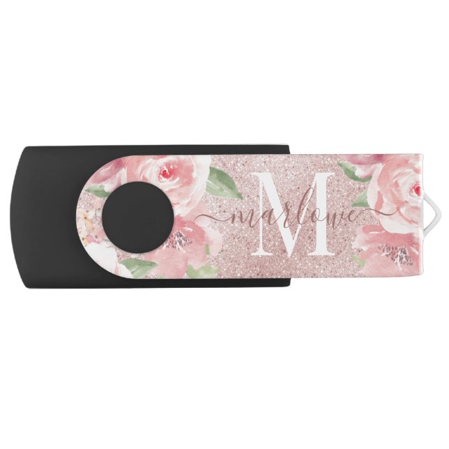 Rose Gold Glitter Blush Pink Floral Monogram Flash Drive (Front)