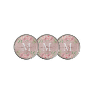 Rose Gold Glitter Blush Pink Floral Monogram Golf Ball Marker