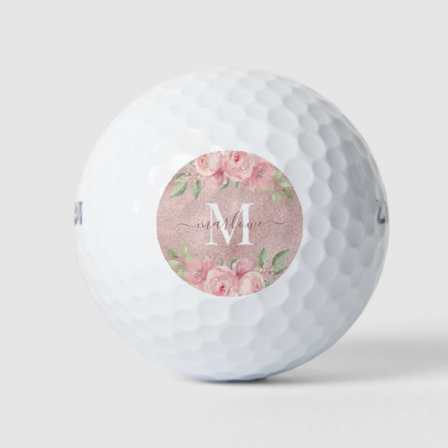 Rose Gold Glitter Blush Pink Floral Monogram Golf Balls (Front)